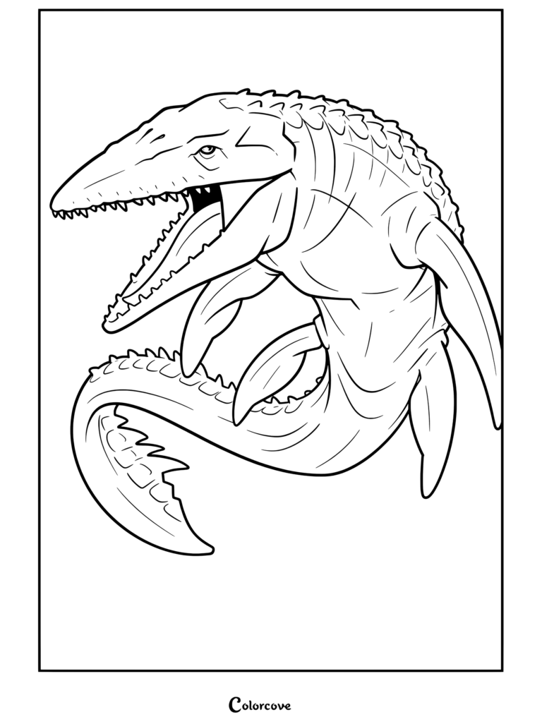 Página para colorear terminada de Mosasaurus Jurassic World con un reptil marino gigante con la boca abierta, mostrando dientes afilados y escamas detalladas.