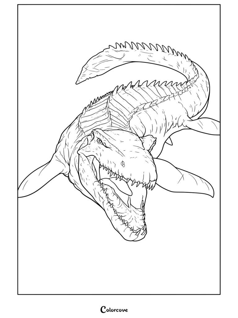 Página para colorear terminada de Mosasaurus Jurassic World de Jurassic Park y World, con el enorme dinosaurio acuático nadando con la boca abierta