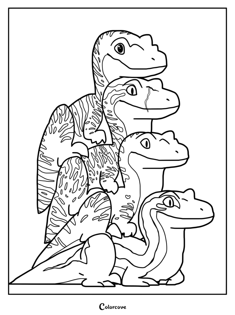 Página para colorear del Escuadrón Velociraptor (Blue, Charlie, Delta y Echo) de Jurassic Park y World