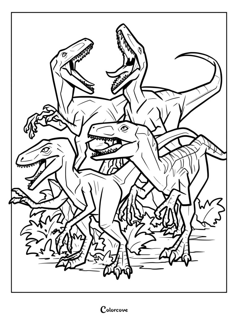 Página para colorear de Jurassic Park y World que muestra al Escuadrón Velociraptor (Blue, Charlie, Delta y Echo) con las fauces abiertas y dientes afilados en un entorno selvático.