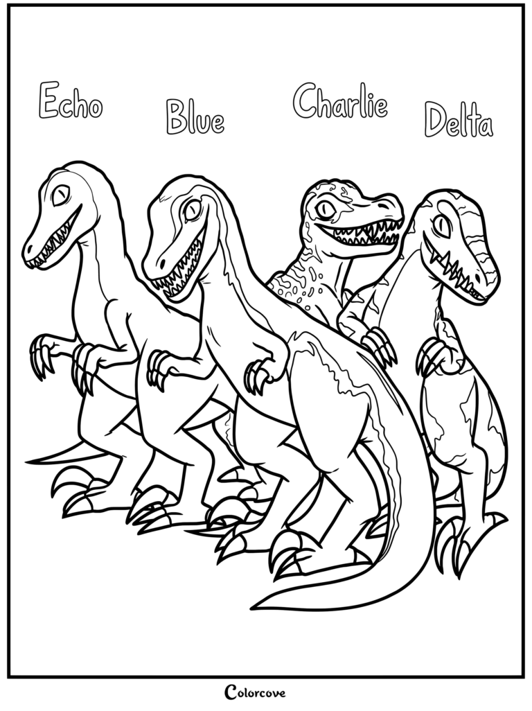 Página para colorear del Escuadrón Velociraptor con Echo, Blue, Charlie y Delta de la franquicia Jurassic Park y World.