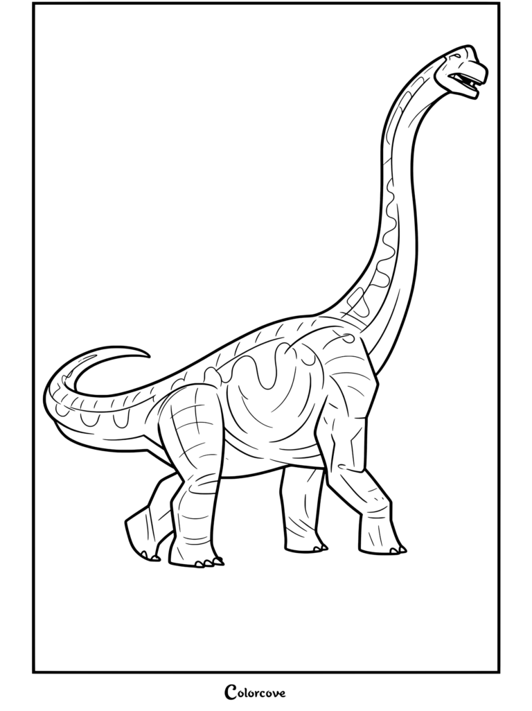 Página para colorear imprimible y gratuita de Jurassic Park y World del Brachiosaurus, el gigante apacible que protagonizó la impresionante primera aparición de un dinosaurio vivo en la película de 1993.