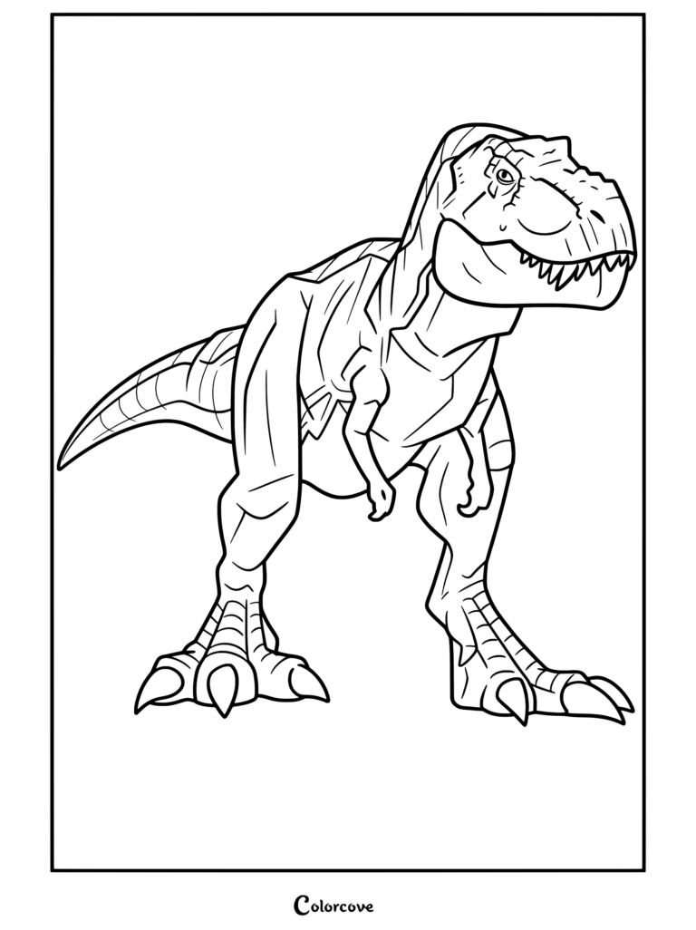 Una página para colorear detallada de Rexy de Jurassic Park y World en actitud alerta.