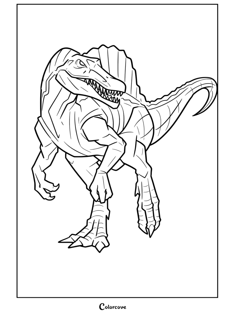 Spinosaurus: el superdepredador con vela dorsal que destronó al T. rex en Jurassic Park III y regresó en líneas posteriores de juguetes y medios. Página para colorear para fans de Jurassic Park y World.