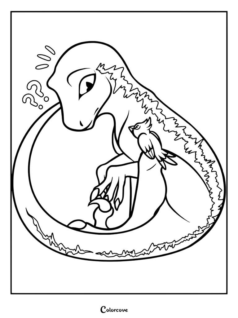 Página para colorear de Jurassic Park y World con una tierna ilustración fan art de Blue, el Velociraptor de la franquicia Jurassic World, luciendo confundida con signos de interrogación mientras un pequeño pájaro se posa en su espalda.
