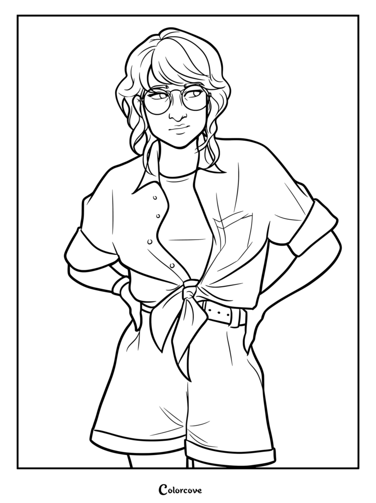 Página para colorear de la Dra. Ellie Sattler de Jurassic Park y World, donde aparece con camisa anudada, pantalones cortos, gafas redondas y las manos en la cintura.