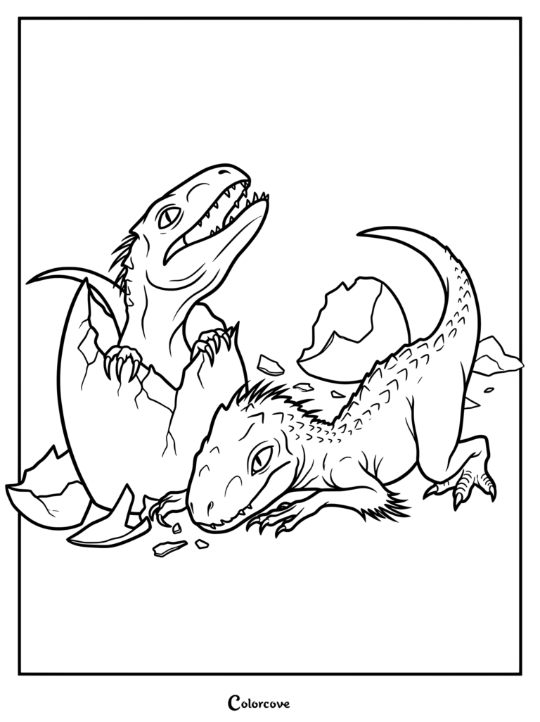 Página para colorear de Jurassic Park y World que muestra fan art de la cría de Indominus Rex y su hermano de la película Jurassic World,