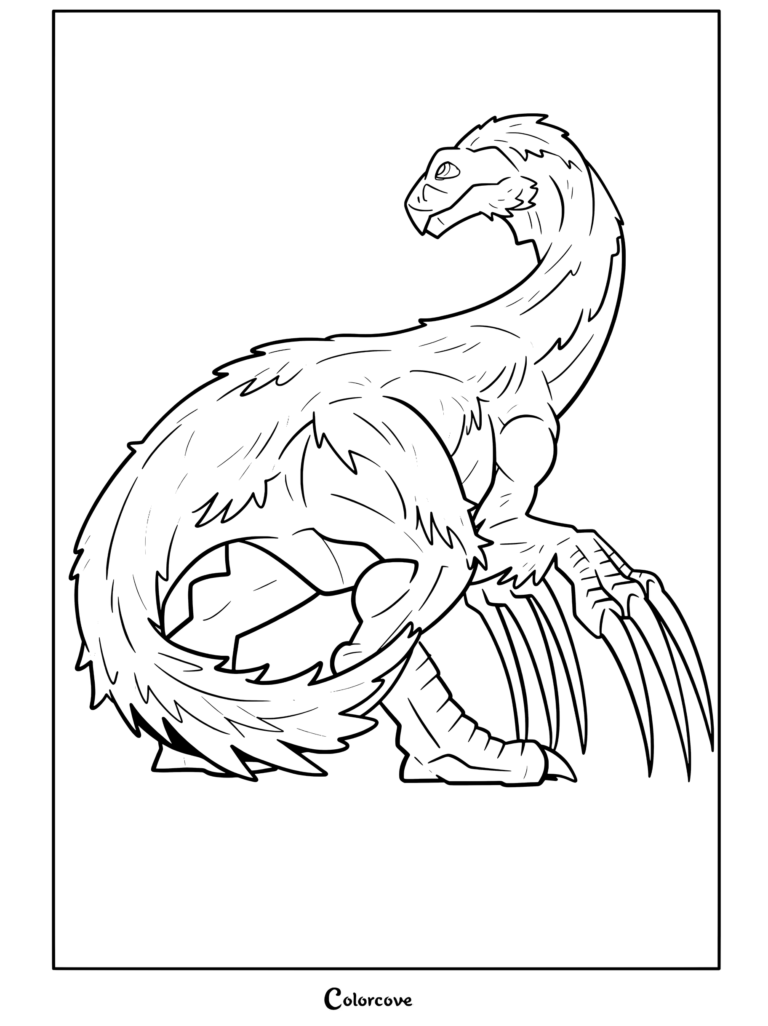 Una página para colorear detallada terminada de un Therizinosaurus con sus enormes garras, ambientada en el universo de Jurassic Park y World.