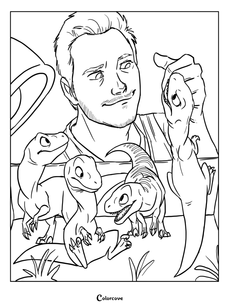Página para colorear gratuita de Jurassic Park y World que muestra un fan art del artista Isnabel de Owen Grady de Jurassic World interactuando con versiones bebé del Escuadrón Velociraptor: Blue, Delta, Echo y Charlie.