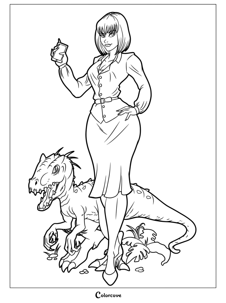 Página para colorear imprimible y gratuita de Claire Dearing de Jurassic World junto a un pequeño Indominus Rex blanco para los fans de Jurassic Park y World.