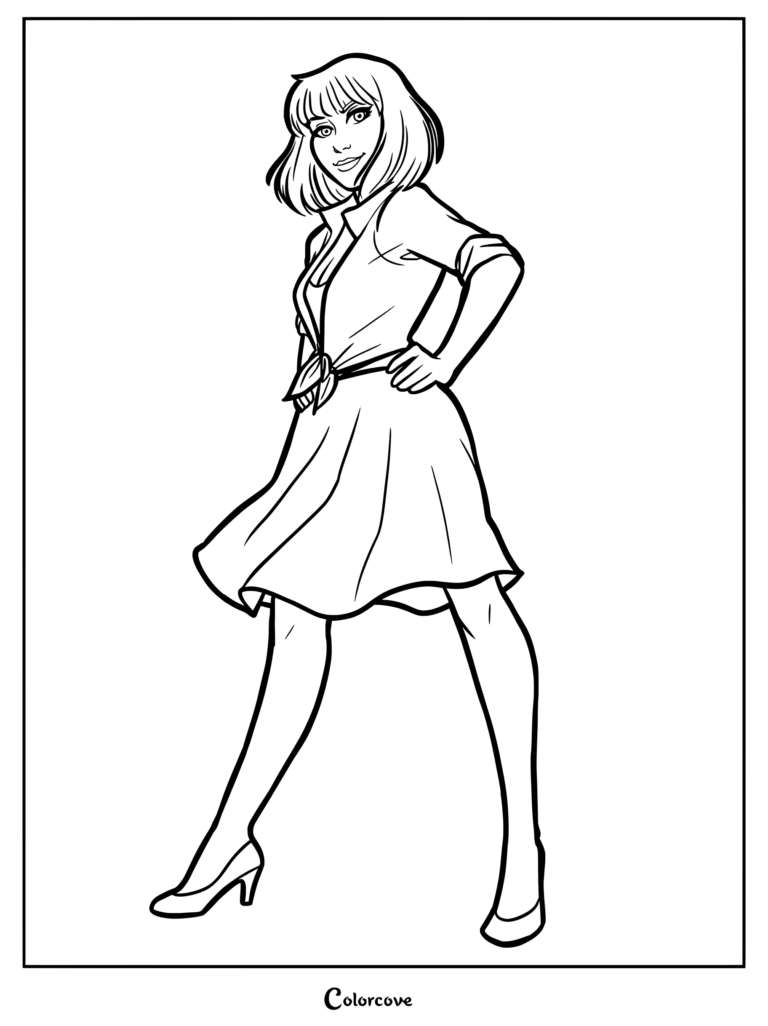 Una página para colorear imprimible de Claire Dearing de la franquicia Jurassic World, de pie en una postura segura con camisa abotonada y falda.