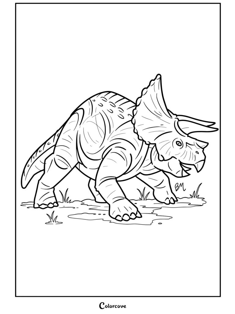 Una página para colorear de un dinosaurio Triceratops de Jurassic Park y World de pie sobre el suelo con parches de césped.