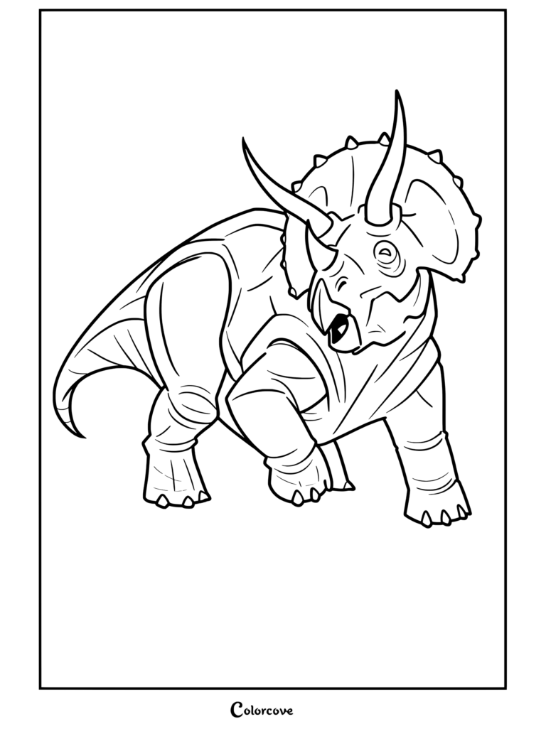 Página para colorear del Triceratops de Jurassic Park y World con una ilustración detallada de dinosaurio.