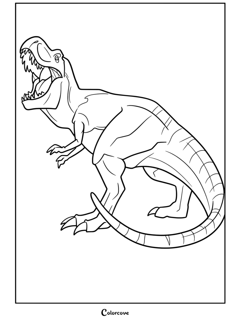 Una página para colorear imprimible de un Tyrannosaurus Rex rugiendo de la franquicia Jurassic Park y World.
