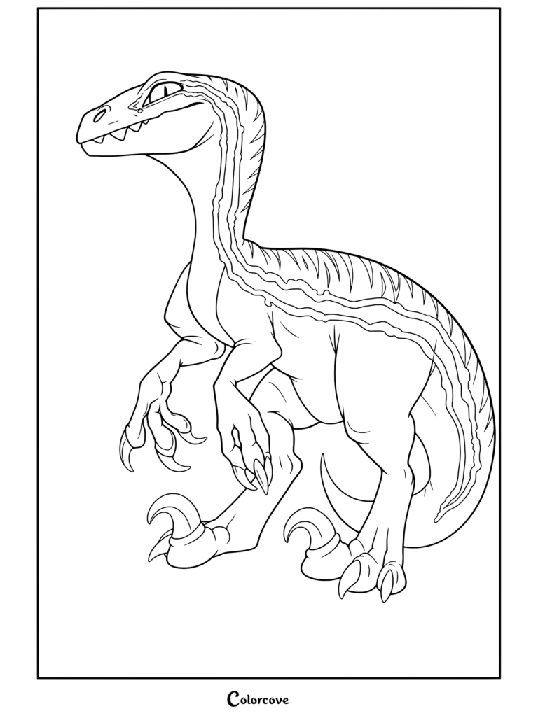 Una página para colorear detallada del Velociraptor Blue de Jurassic Park y World de pie con garras afiladas y cola curvada.