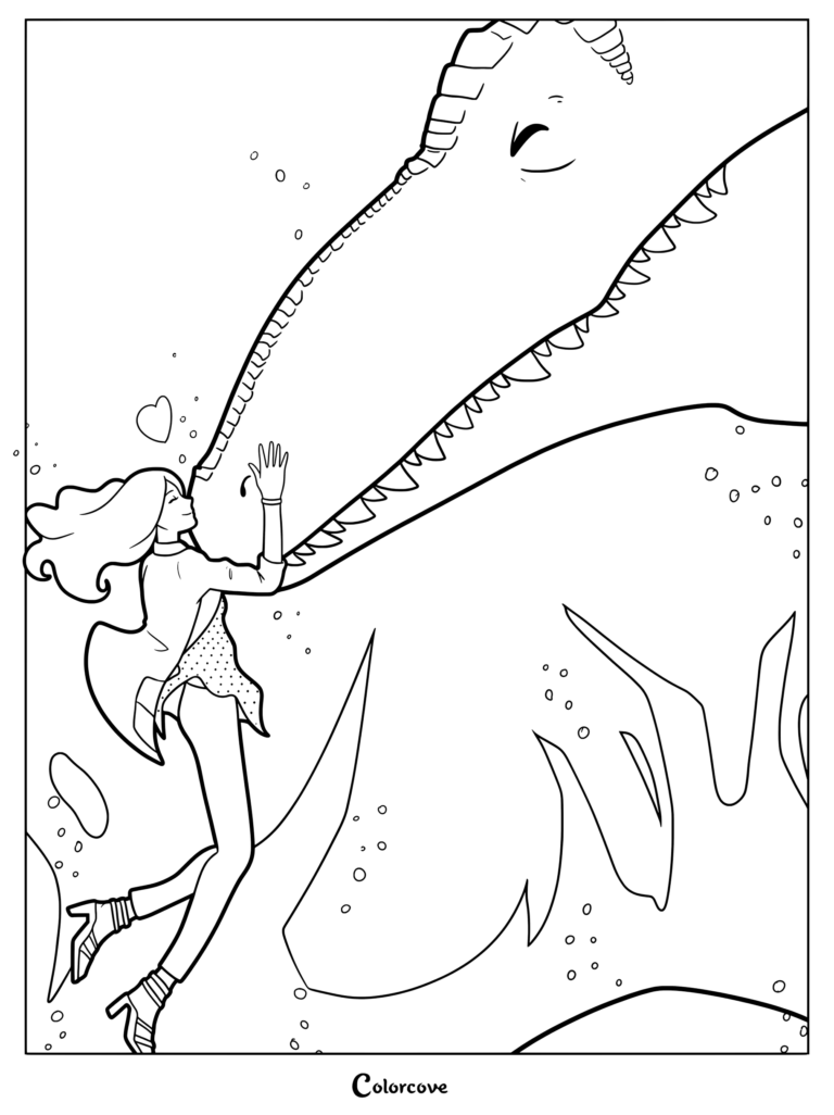 Una página para colorear imprimible de Jurassic Park y World con Zara interactuando con un Mosasaurus bajo el agua.