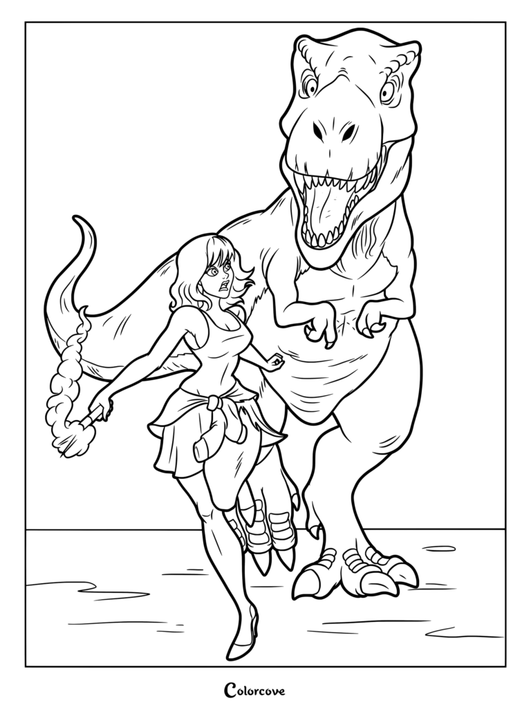 Página para colorear imprimible de Claire Dearing corriendo con tacones altos y una bengala roja junto al Tyrannosaurus Rex de Jurassic Park y World.