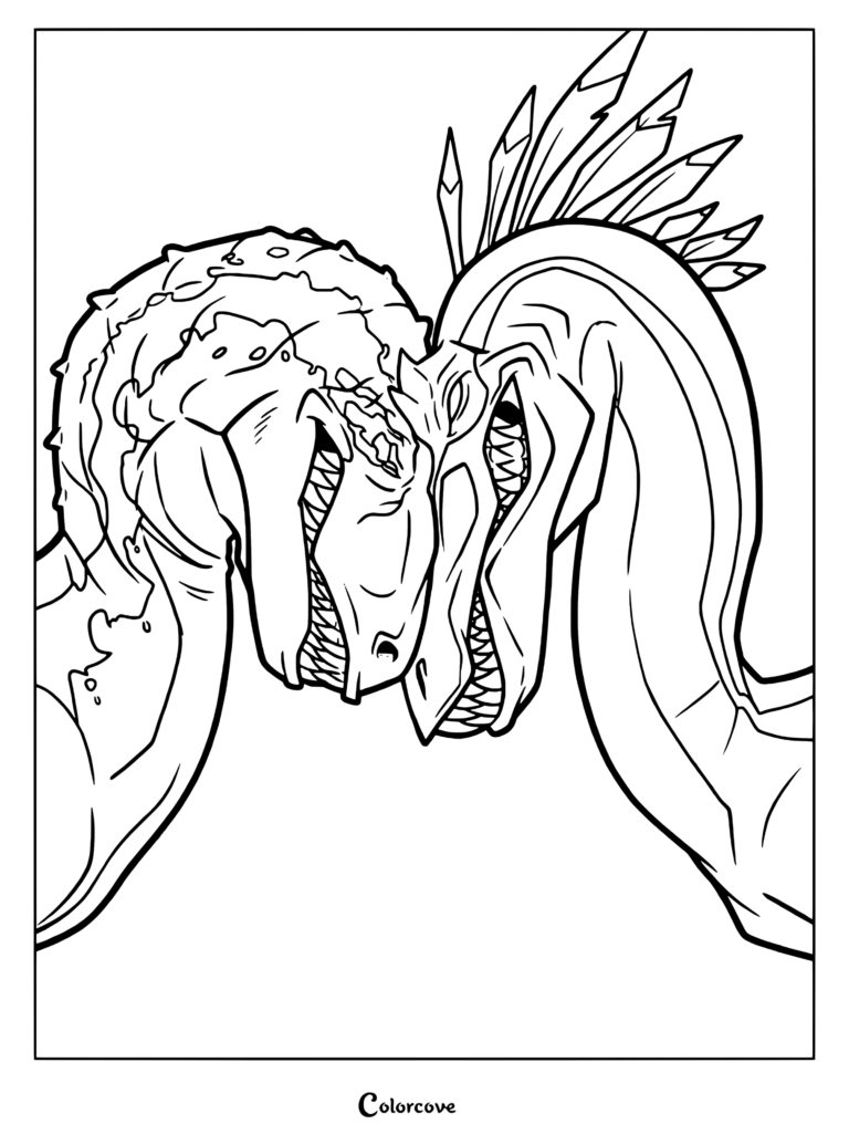 Página para colorear imprimible de Blue contra el Velocirapteryx de Jurassic Park y World, con arte lineal detallado de los dinosaurios enfrentándose.