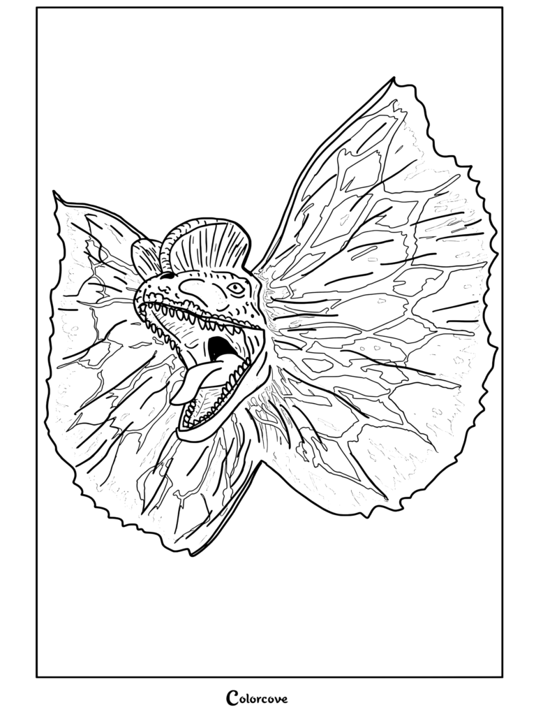 Página para colorear detallada y terminada del Dilophosaurus 2 de Jurassic Park y World con el dinosaurio mostrando su gola desplegada y la boca abierta.