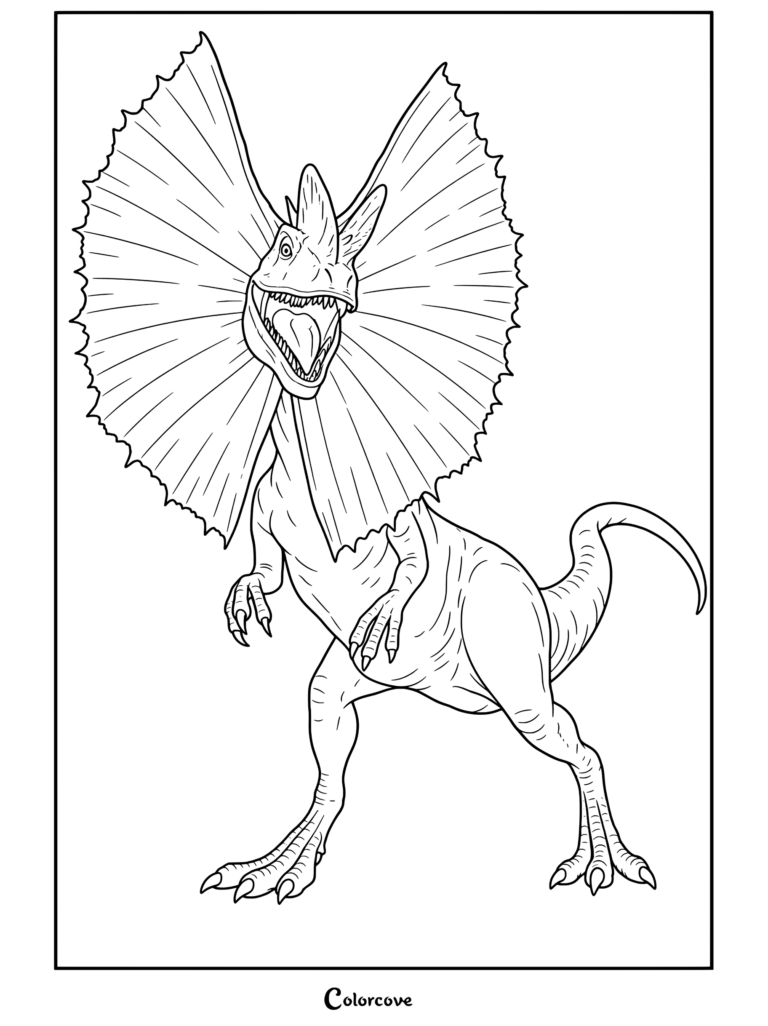 Página para colorear del Dilophosaurus de Jurassic Park y World con el dinosaurio mostrando su gola desplegada y la boca abierta.