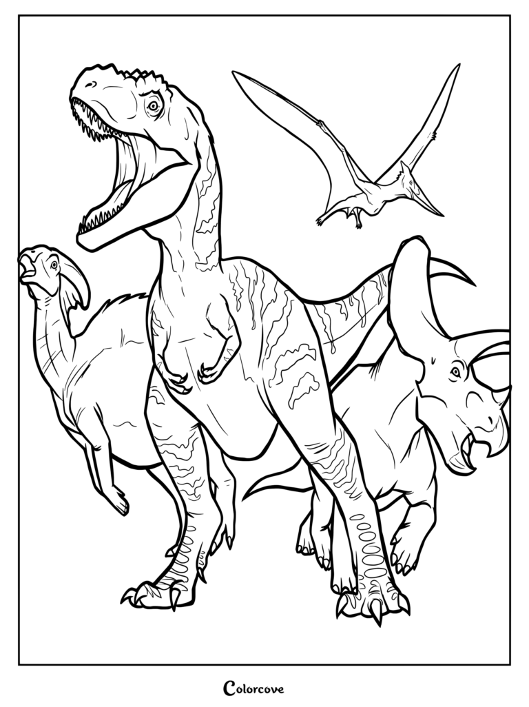 Una página para colorear imprimible con un Tyrannosaurus Rex rugiente, un Triceratops, un Parasaurolophus y un Pterodáctilo volador de Jurassic Park y World.