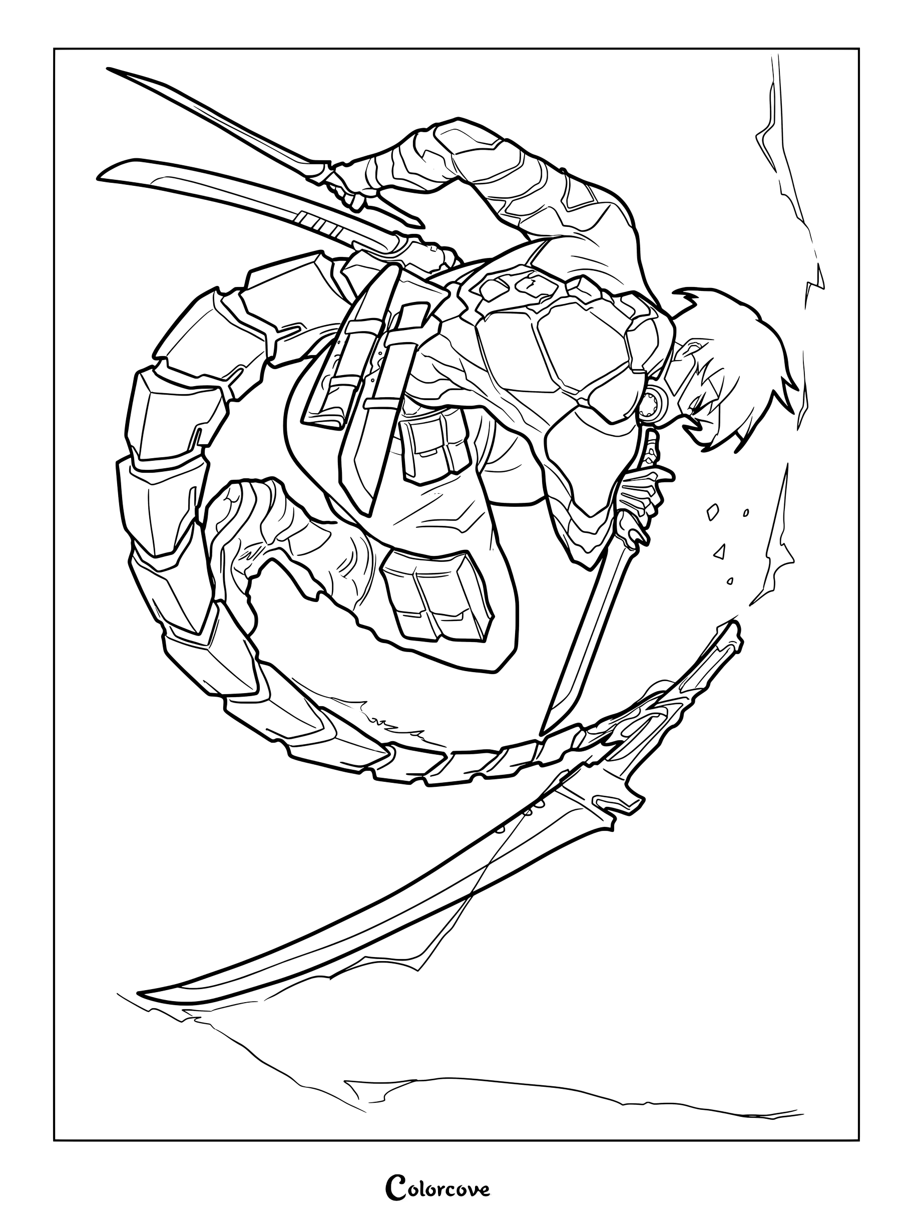 Soshiro Hoshina de la serie de anime y manga Kaiju No. 8 página para colorear que lo muestra empuñando dos cuchillas con un arma segmentada en forma de cola