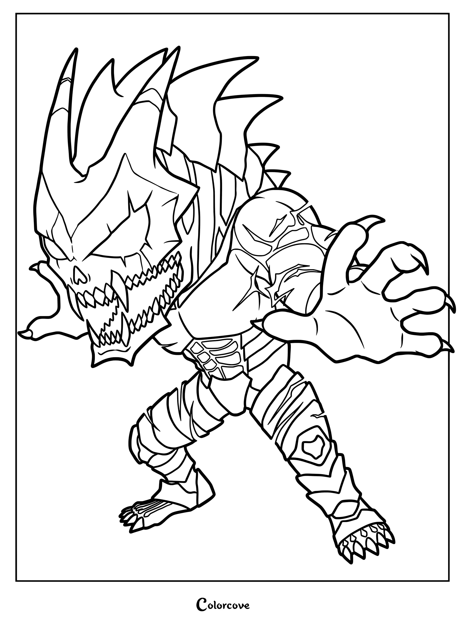 Dibujo chibi para colorear de Kafka Hibino en su transformación de Kaiju No. 8, con una máscara similar a una calavera, espalda con púas y garras blindadas.