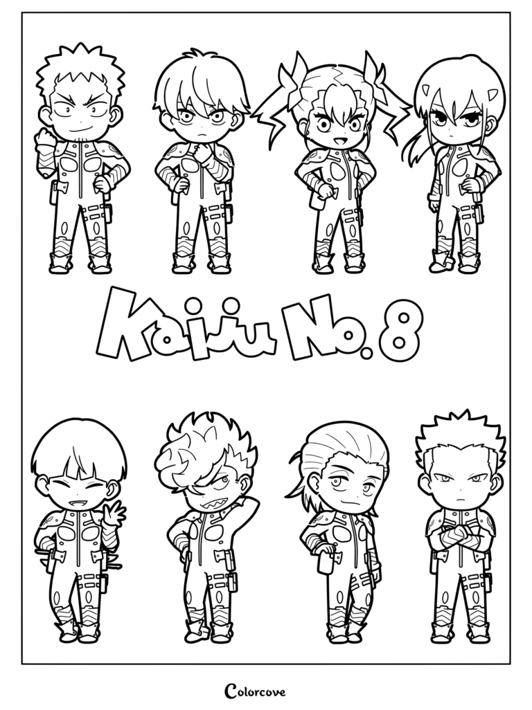Une page de coloriage à imprimer présentant une illustration de personnage chibi de la distribution de la série animée et manga Kaiju No. 8.