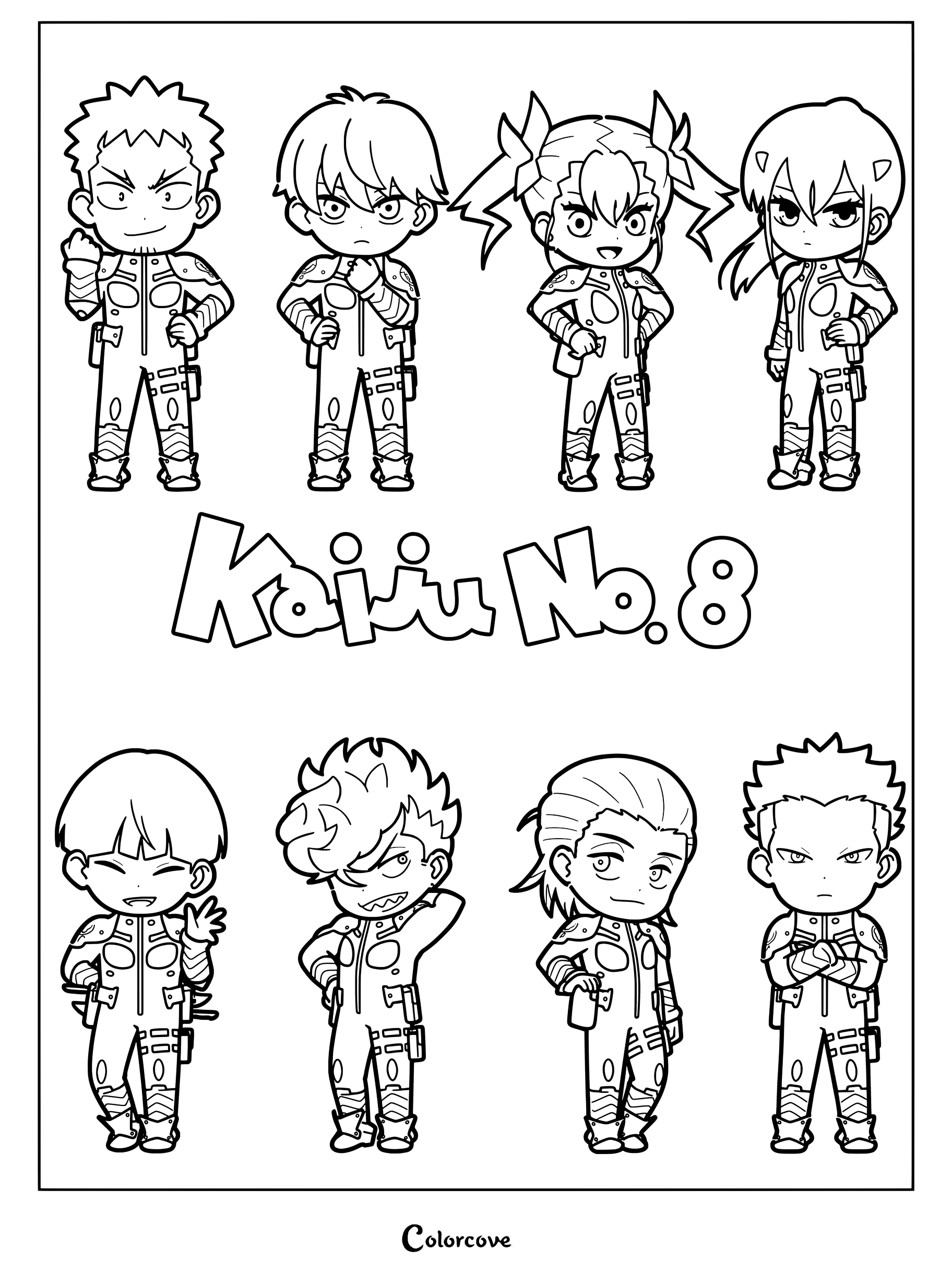 Un dibujo para colorear imprimible con una ilustración de personaje chibi del elenco de la serie de anime y manga Kaiju No. 8.