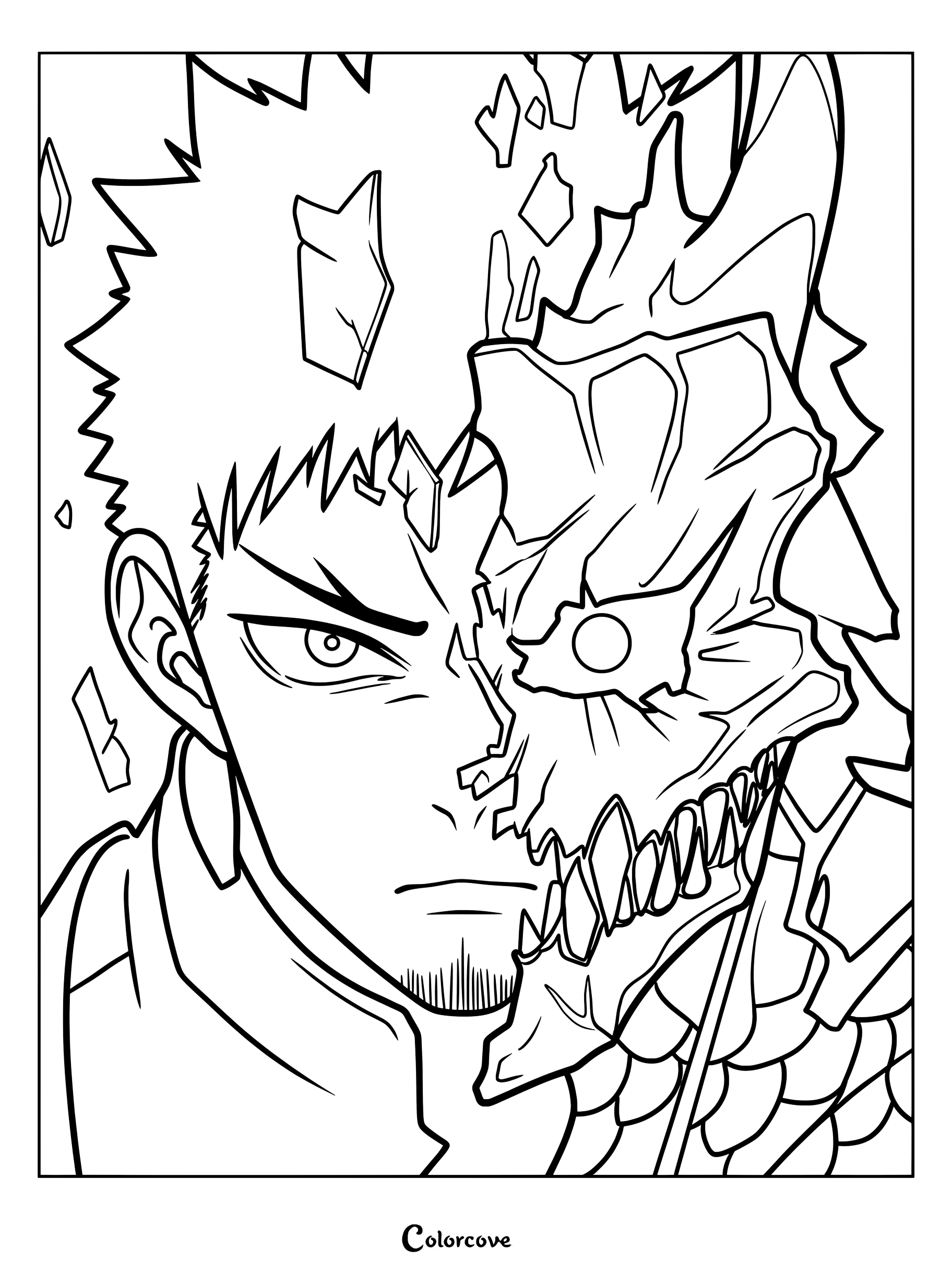 Dibujo gratuito de Kaiju No. 8 para colorear que muestra a Kafka Hibino dividido entre su apariencia humana y su forma semitransformada de Kaiju No. 8 con una máscara ósea y dientes.