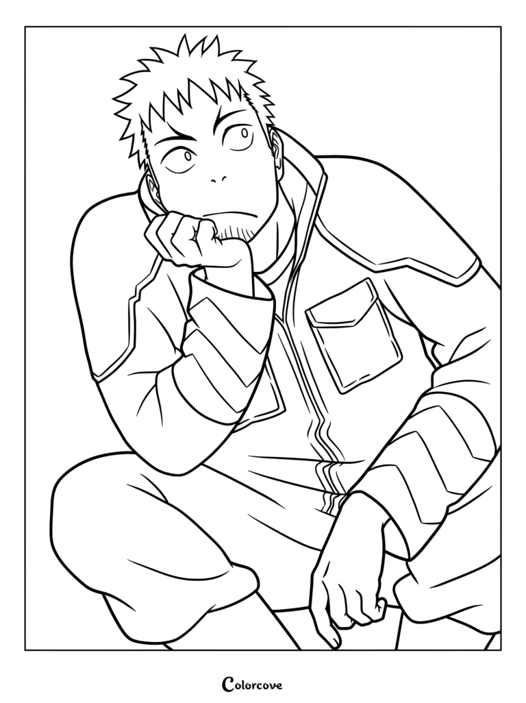 Page de coloriage de Kafka Hibino reposant son menton sur sa main tout en portant sa combinaison d'entraînement standard de la Force de Défense du Japon de Kaiju No. 8.