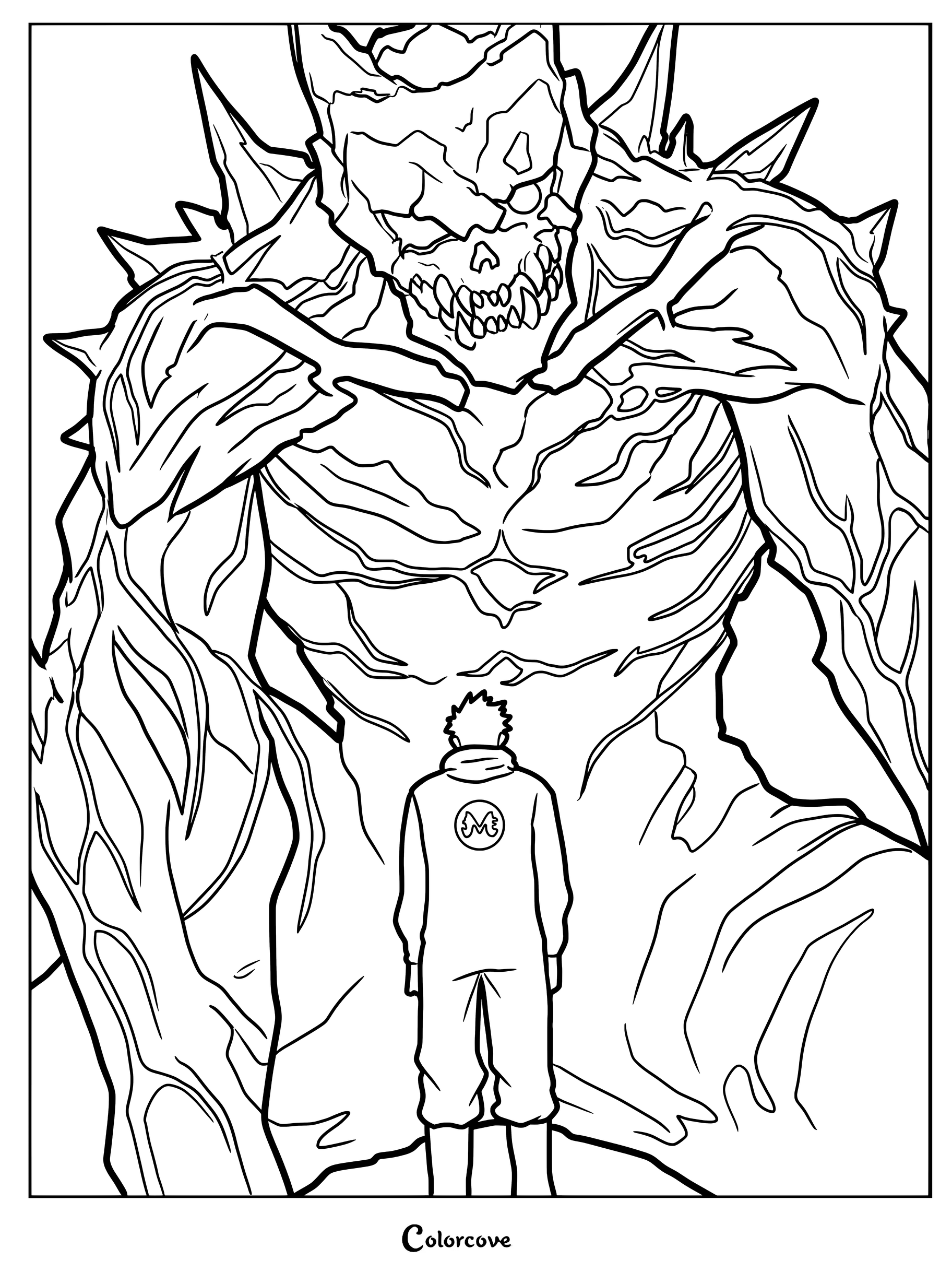 Un dibujo para colorear imprimible de Kafka Hibino de pie ante su forma monstruosa masiva, Kaiju No. 8, con contornos negros audaces.