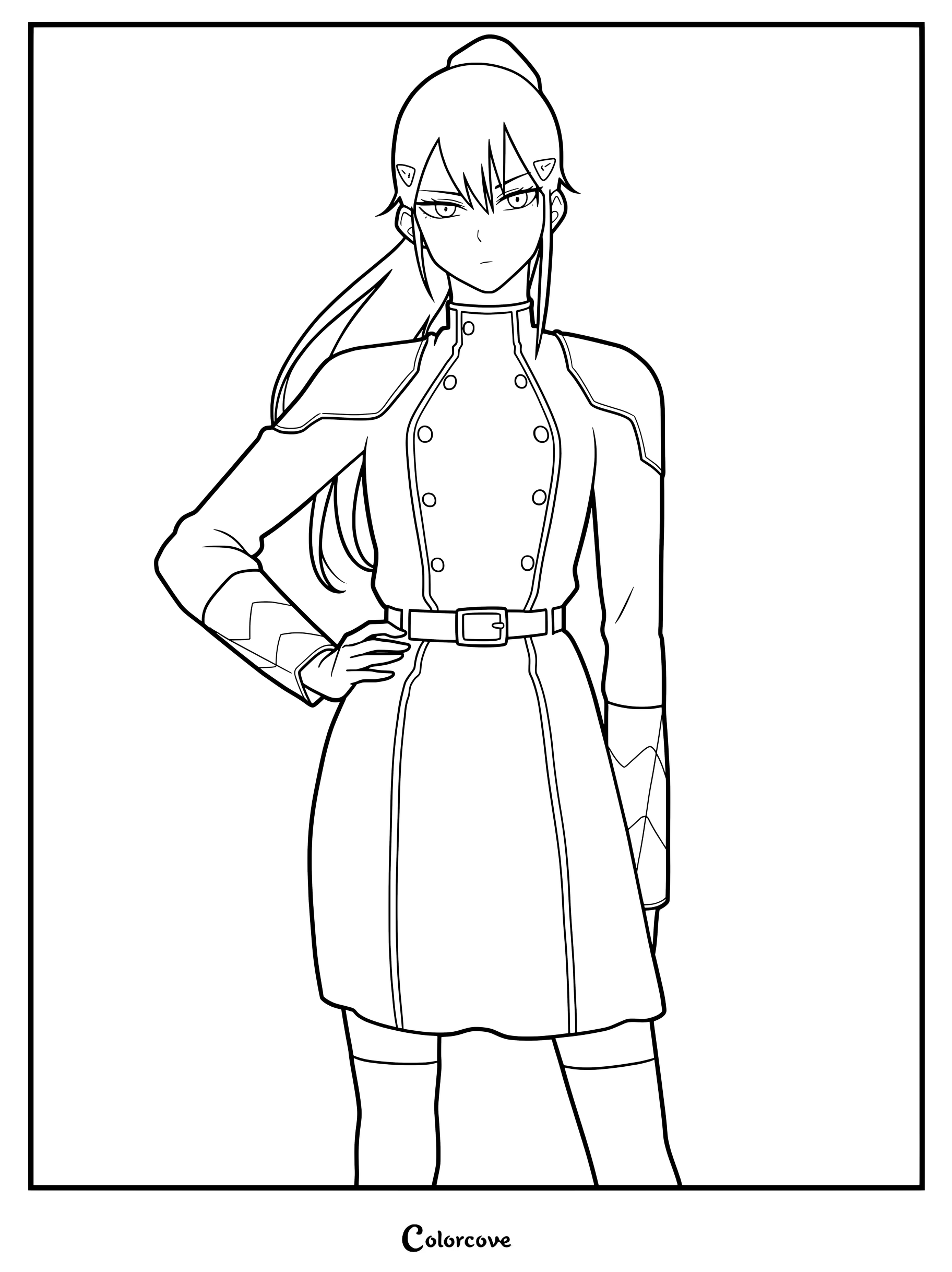 Página para colorear de Mina Ashiro que muestra a la capitana con su uniforme militar y la mano en la cadera de Kaiju No. 8.