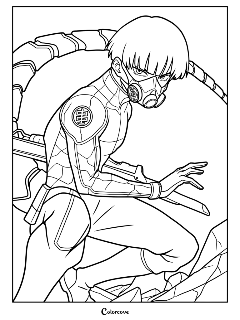 Soshiro Hoshina portant la combinaison du Numéroté Kaiju 11 sur la couverture de Kaiju No. 8, Vol. 12 par Naoya Matsumoto page de coloriage
