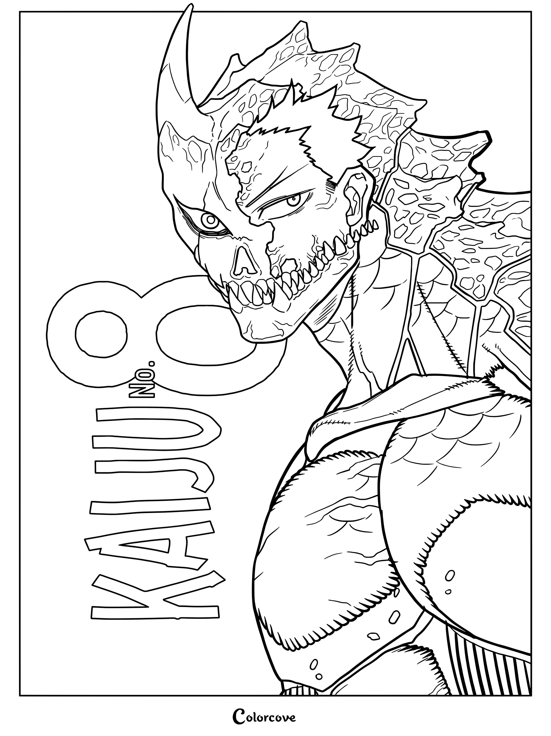 Dibujo para colorear imprimible gratuito de Kafka Hibino parcialmente transformado en su forma de kaiju humanoide de la portada de Kaiju No. 8.