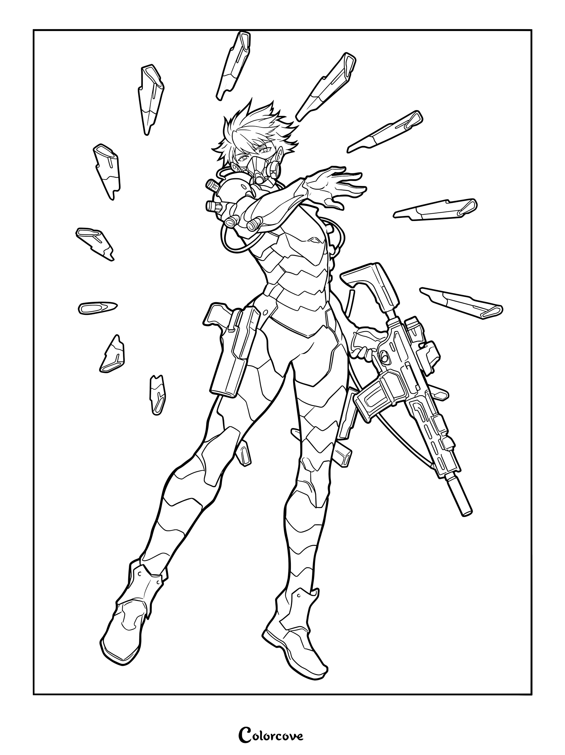 Dibujo para colorear imprimible gratuito de Reno Ichikawa de Kaiju No. 8 con un traje de combate cibernético rodeado de componentes de armas flotantes.