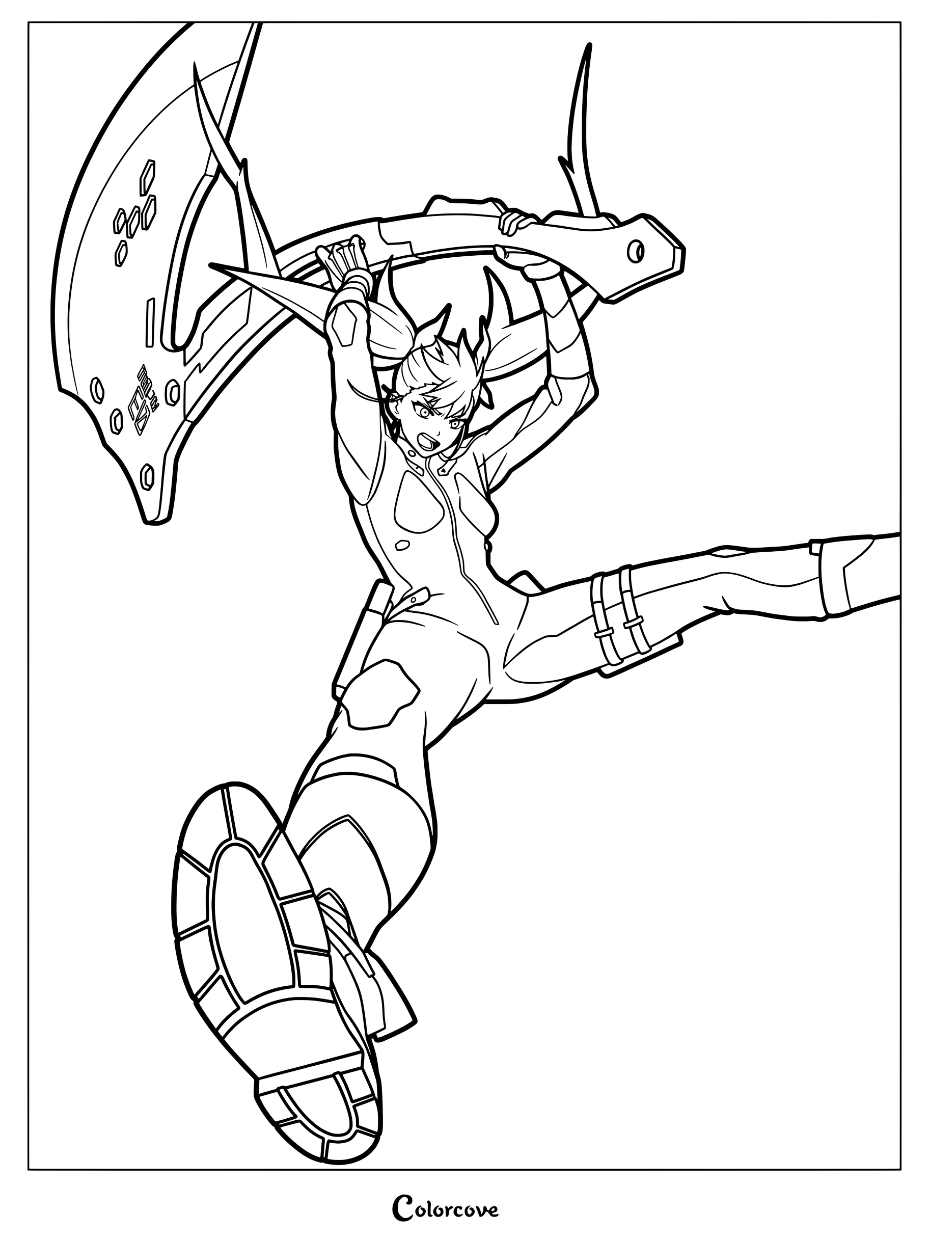 Página para colorear de Kikoru Shinomiya de Kaiju No. 8 sosteniendo un hacha gigante en una pose de combate dinámica