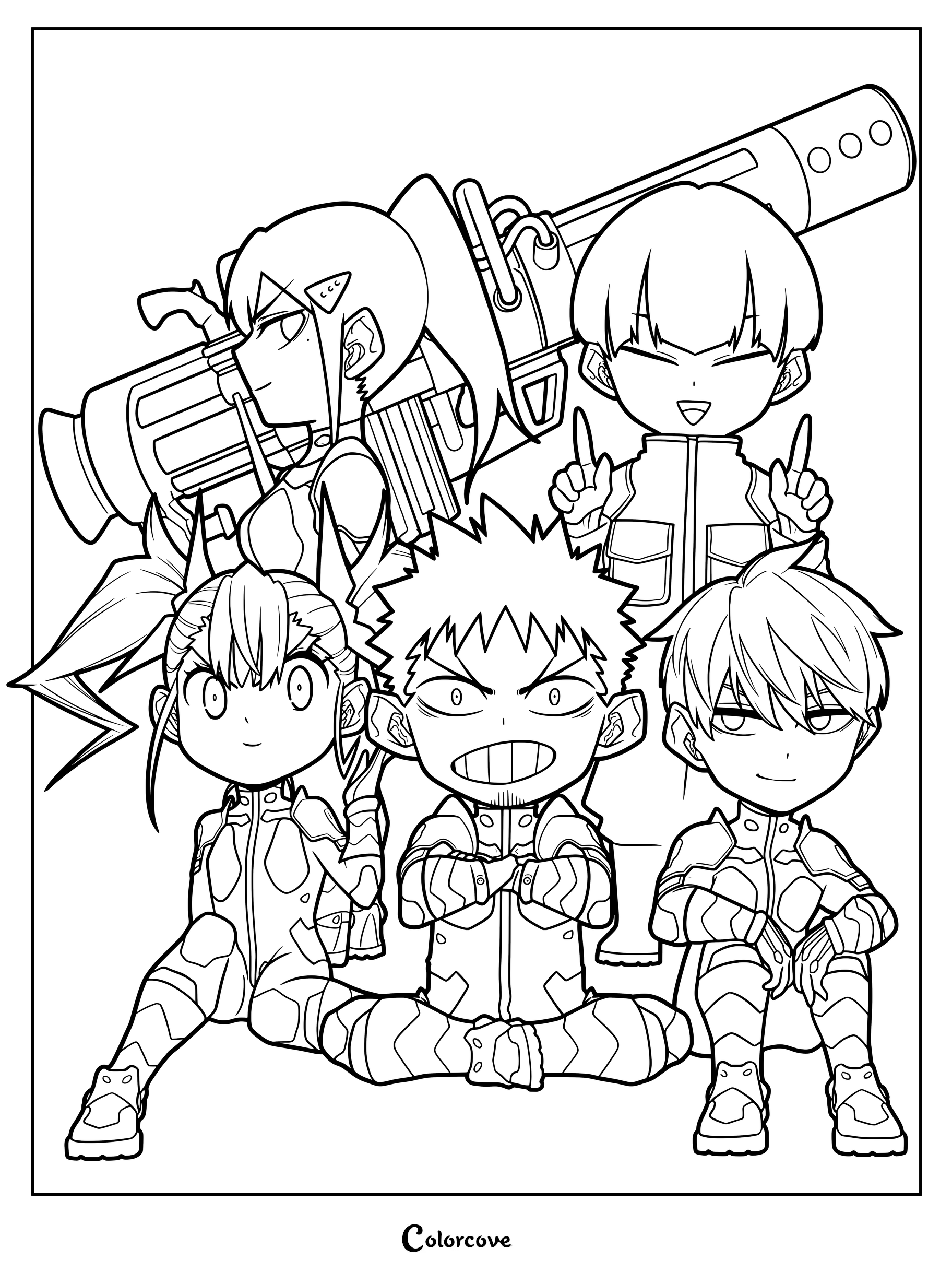 Página para colorear imprimible de una ilustración oficial de estilo chibi de personajes de la serie de anime y manga Kaiju No. 8.