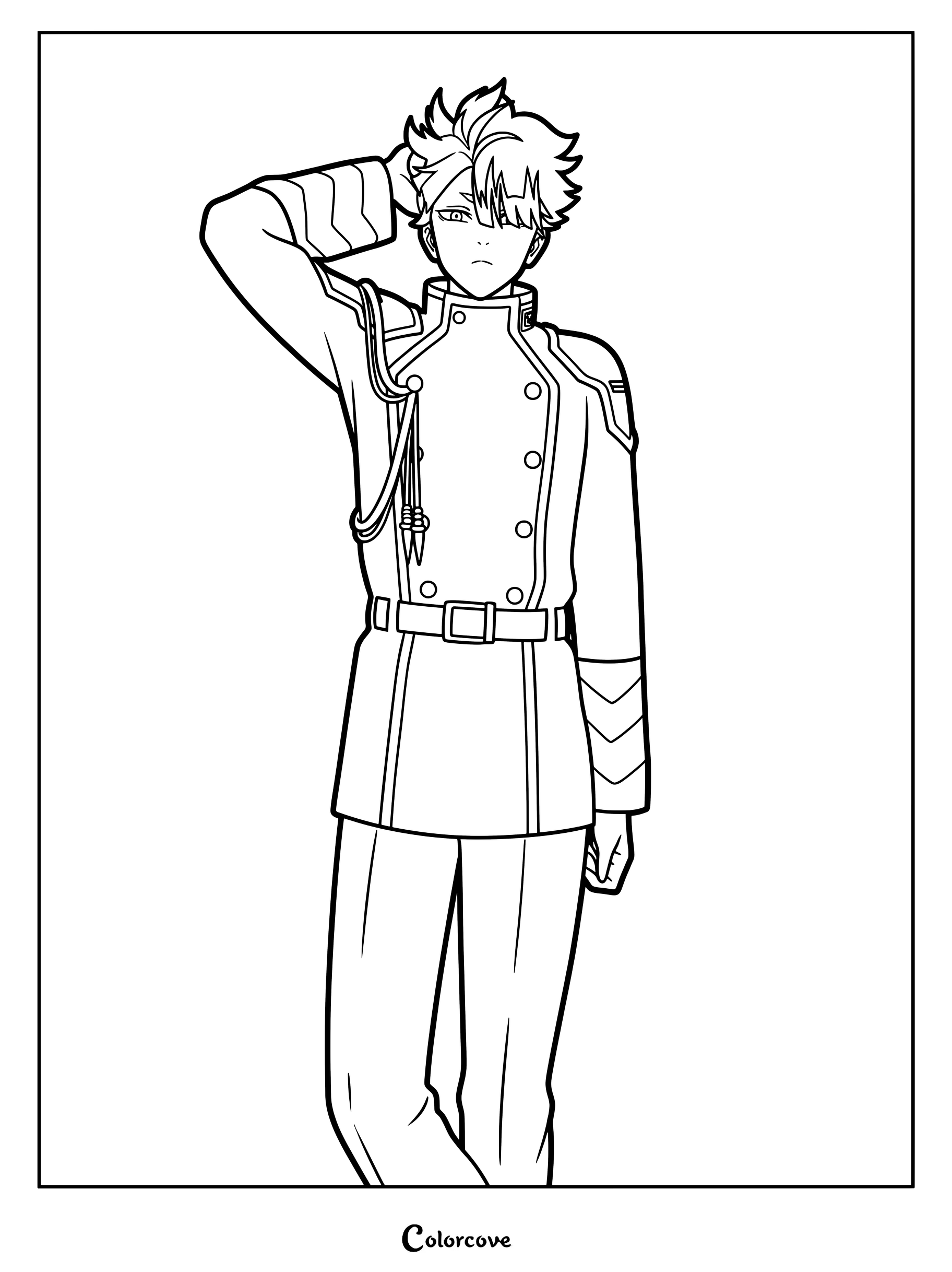 Gen Narumi de la serie de anime y manga Kaiju No. 8, vistiendo el uniforme de la Fuerza de Defensa Anti-Kaiju del evento visual Spot Light, página para colorear
