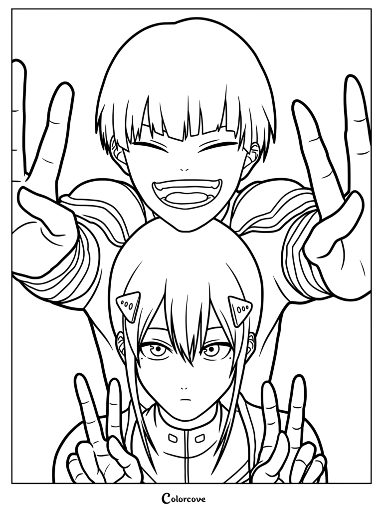 Page de coloriage de Kaiju No. 8 mettant en vedette Soshiro Hoshina souriant et Mina Ashiro avec une expression calme dans un équipement de combat de la Force de Défense du Japon faisant des signes de paix
