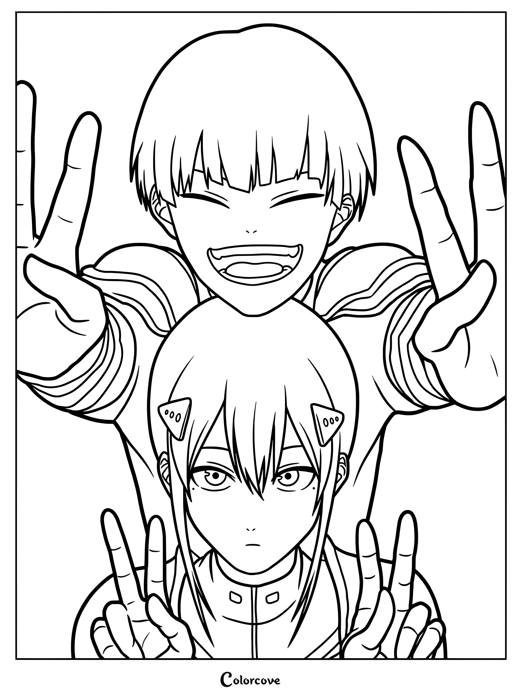 Dibujo para colorear de Kaiju No. 8 con Soshiro Hoshina sonriendo y Mina Ashiro con una expresión tranquila con el equipo de combate de la Fuerza de Defensa de Japón haciendo la señal de la paz
