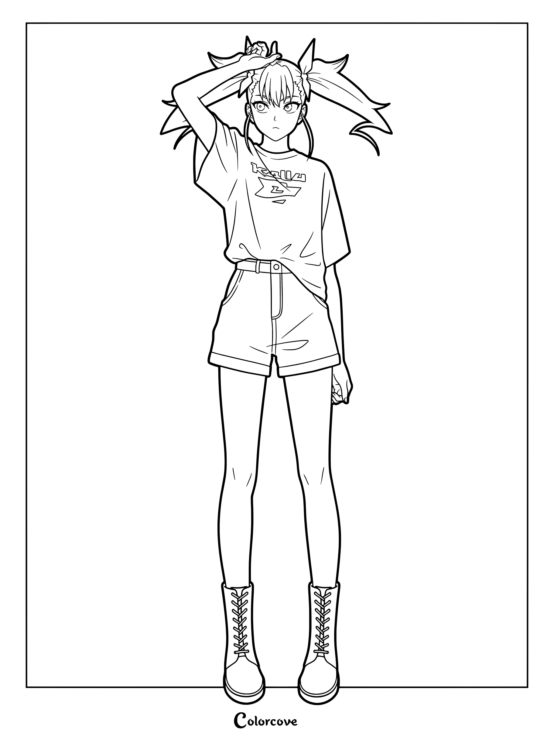 Dibujo para colorear de Kikoru Shinomiya de Kaiju No. 8, de pie con una camiseta informal, pantalones cortos y botas con una mano levantada hacia sus coletas.