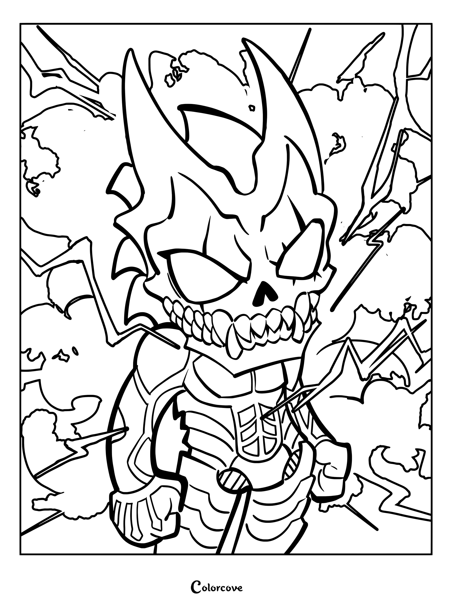 Página para colorear al estilo chibi de Kafka Hibino en su forma de transformación de Kaiju No. 8, con una gran máscara de calavera con cuernos y un fondo de relámpagos.