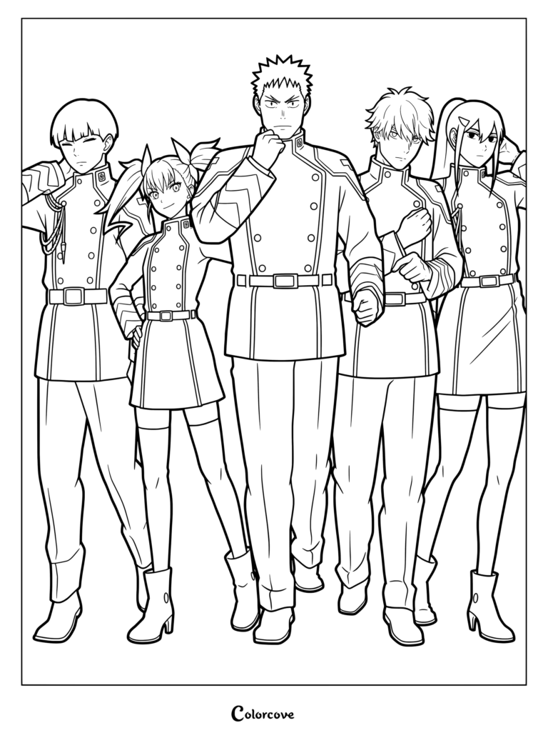Page de coloriage à imprimer mettant en vedette des personnages portant l'uniforme de la Force de Défense Anti-Kaiju de la série animée et manga Kaiju No. 8.