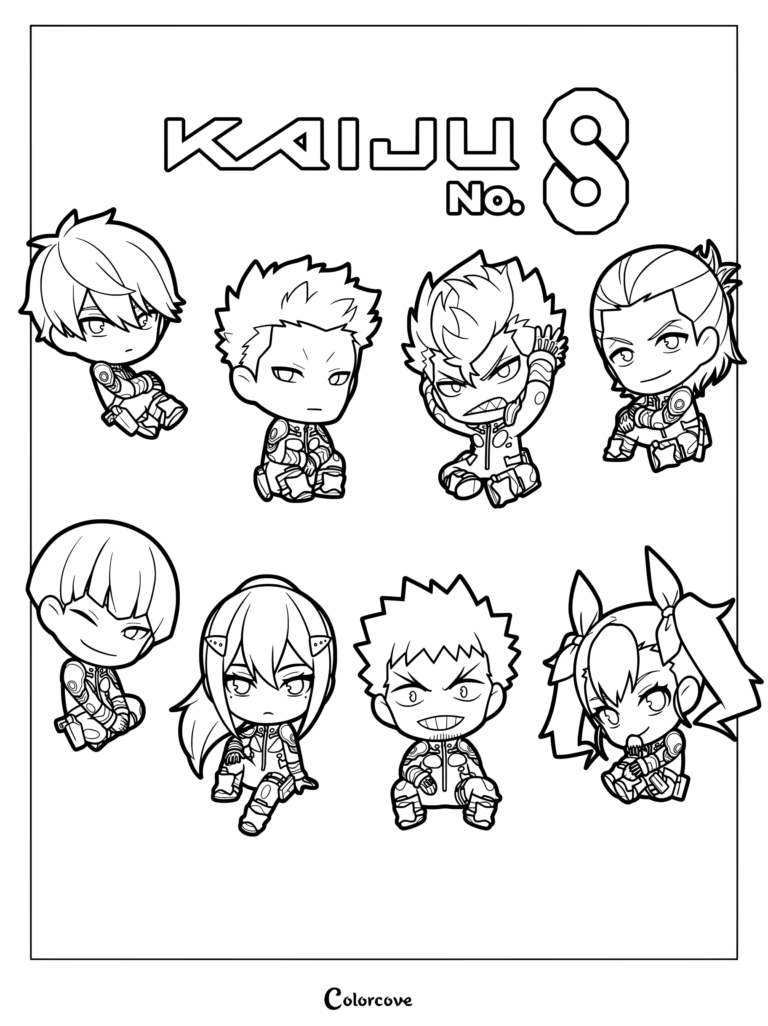 Page de coloriage de style chibi mettant en vedette des personnages de l'anime Kaiju No. 8 portant leurs costumes de la Force de Défense du Japon.