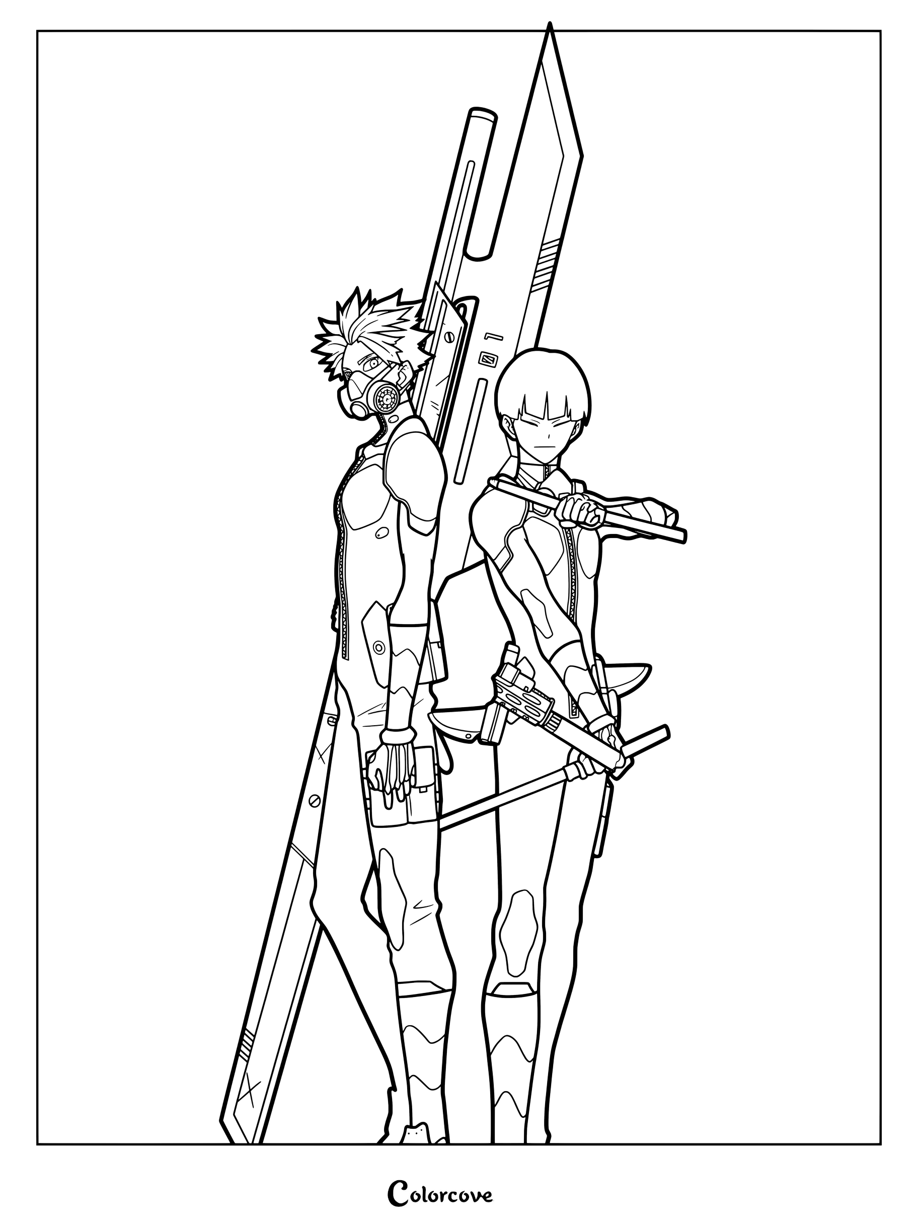 Dibujo para colorear de Kaiju No. 8 con Soshiro Hoshina y Gen Narumi con su equipo de combate de la Fuerza de Defensa de Japón.