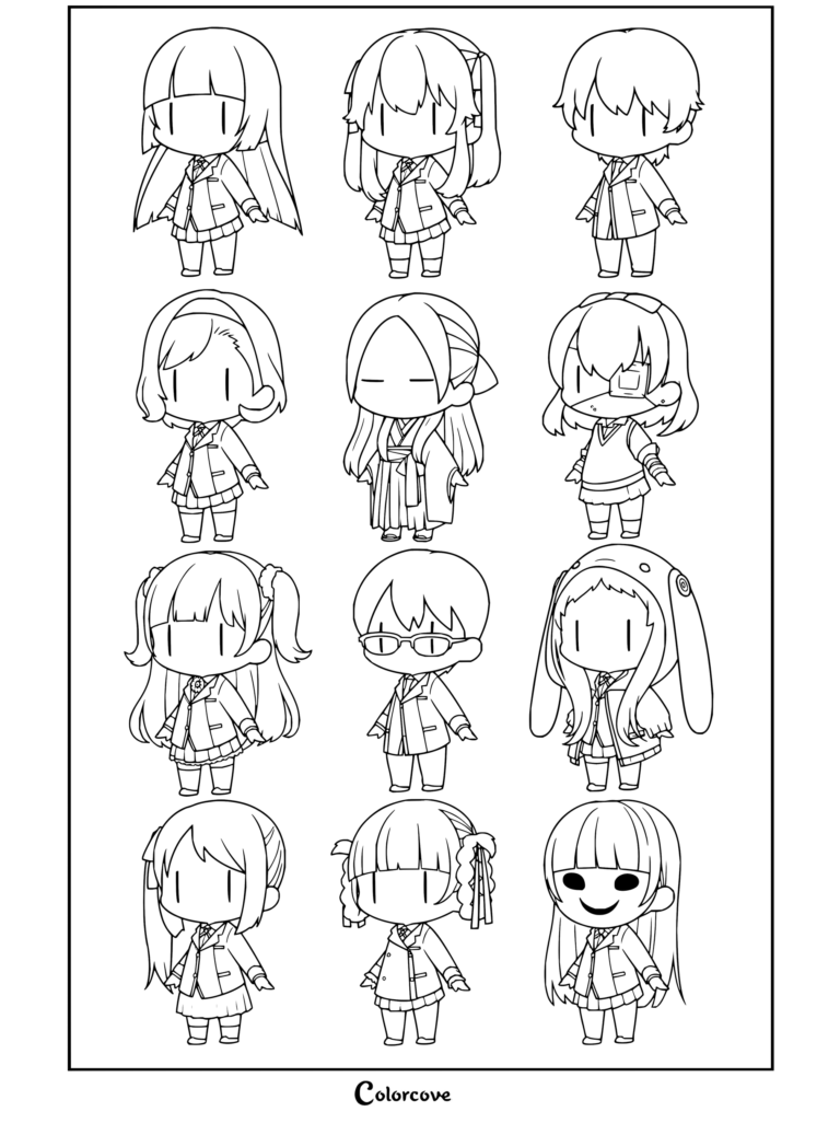 Coloriage Kakegurui représentant une grille de douze personnages chibi en uniformes scolaires.