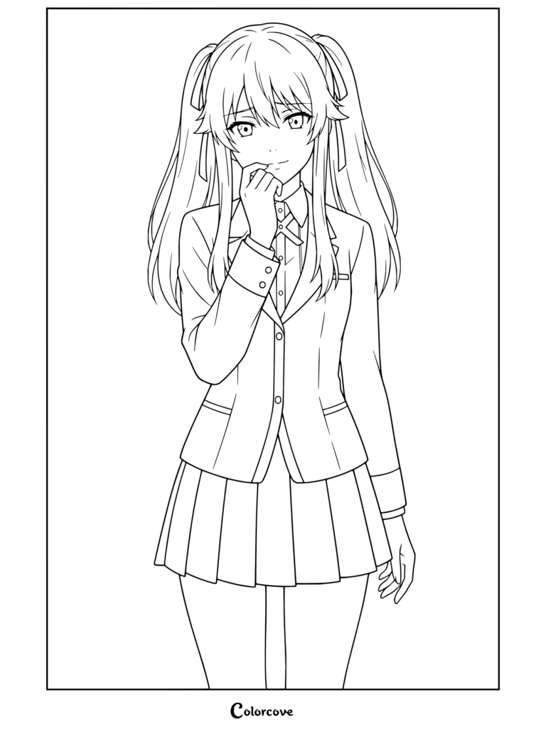 Mary Saotome ayant l'air embarrassée et rougissant en se mordant le doigt, vêtue de son uniforme scolaire de Kakegurui, mis en avant dans un coloriage Kakegurui gratuit.