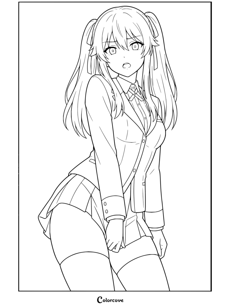 Mary Saotome de Kakegurui rougissant tout en portant sa veste rouge et sa jupe grise dans un coloriage Kakegurui.