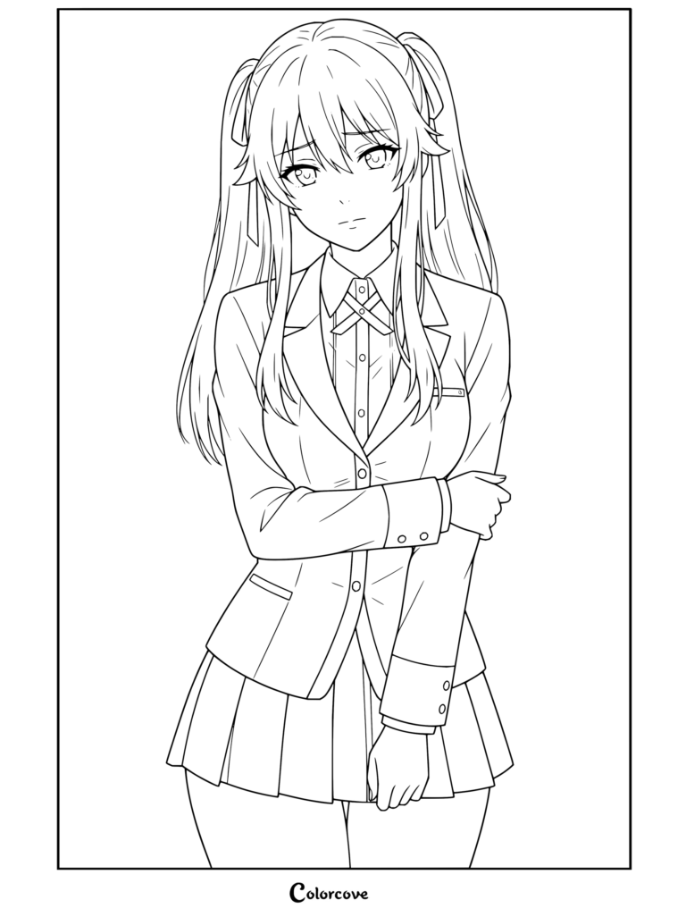 Coloriage Kakegurui à imprimer de Mary Saotome rougissant timidement tout en portant son uniforme scolaire rouge.